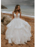 Plunging Neck Ivory Lace Tulle Ruffled Wedding Dress